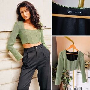 Zara Houndstooth Neon Green Corset Crop Top black long sleeve square neck